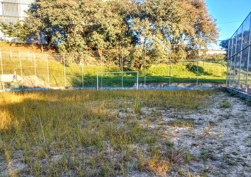 Campo de futebol com mato alto e areia atrapalha as partidas de futebol 