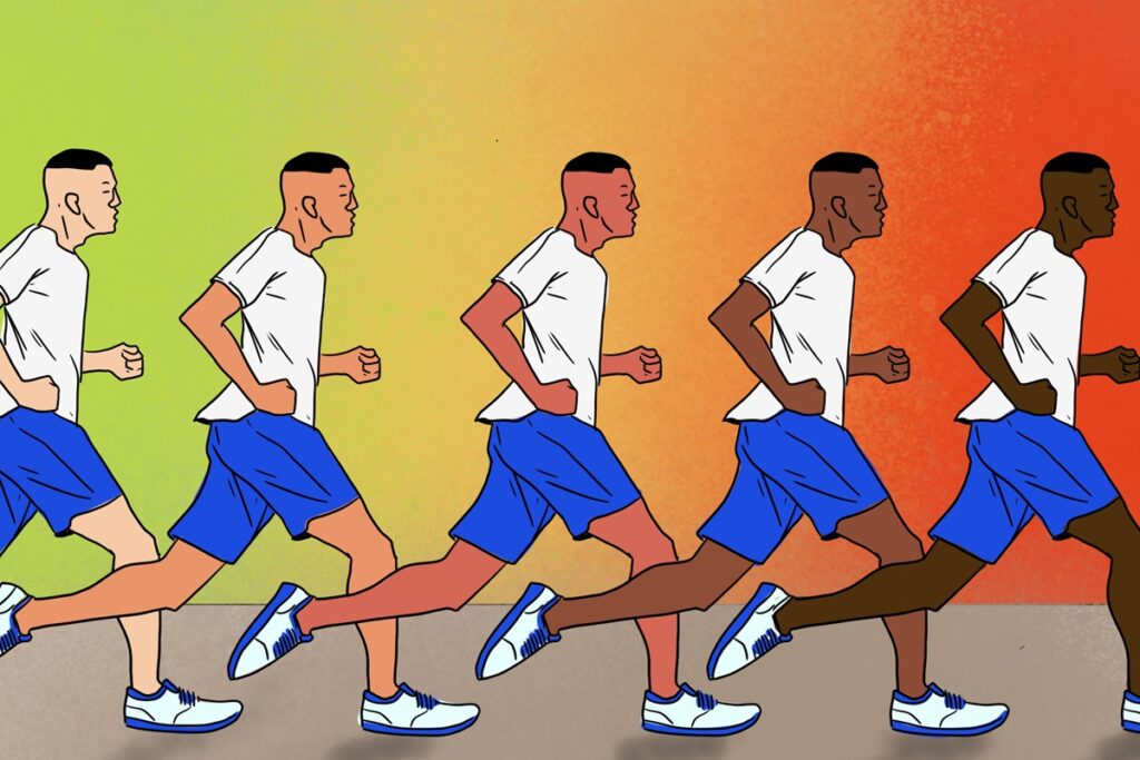 Ilustração mostra cinco homens correndo. Todos de camisa branca e calção azul, mas cada um com uma tonalidade de pele do mais branco ao mais negro