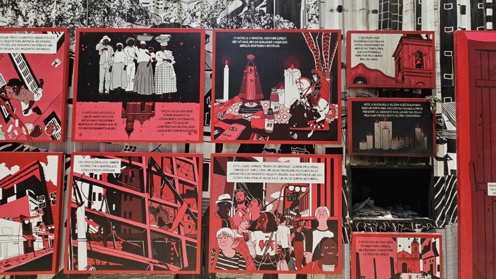 Os tapumes da obra resgatam a história de Chaguinhas que foi o cabo Francisco José das Chagas e da capela dos Aflitos