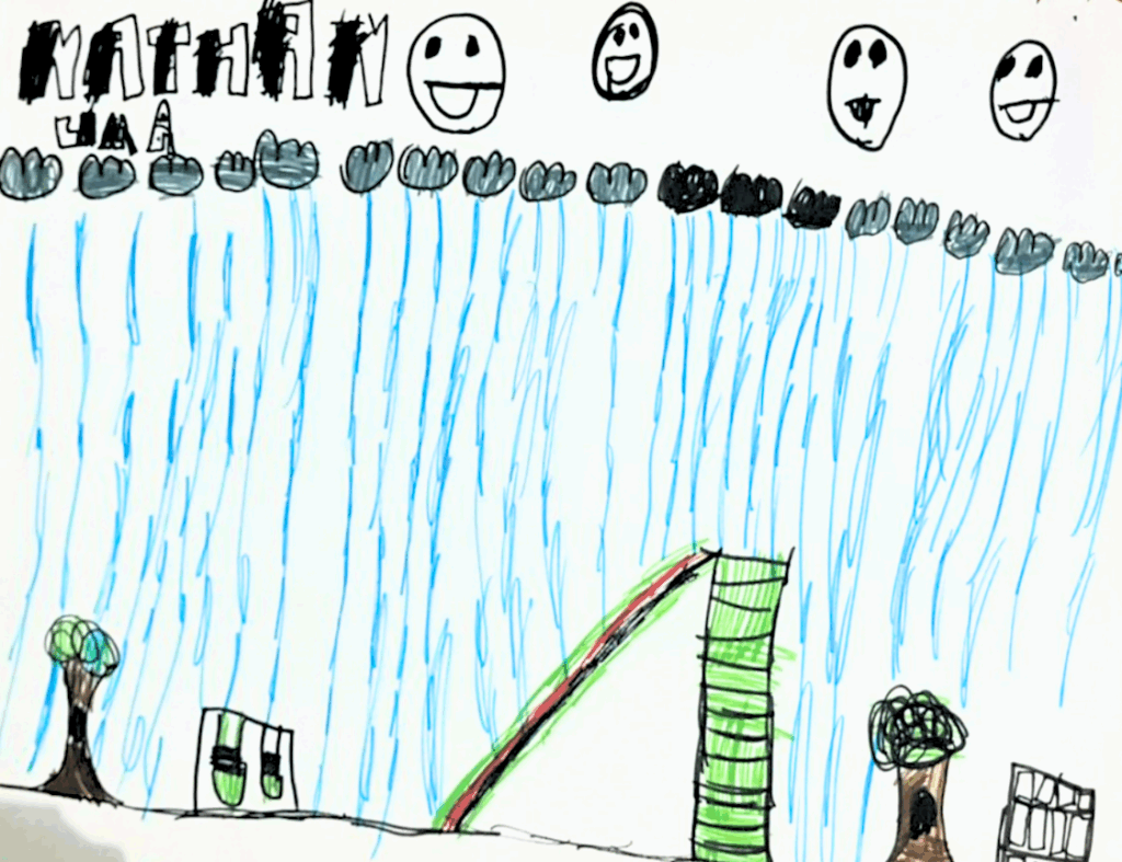 Nathan imaginou o bairro como gostaria que fosse: um parquinho colorido, árvores vivas, escorregadores altos. Mas lembrou que, muitas vezes, o que encontra é a rua alagada depois da chuva forte em Heliópolis. Aspas: 