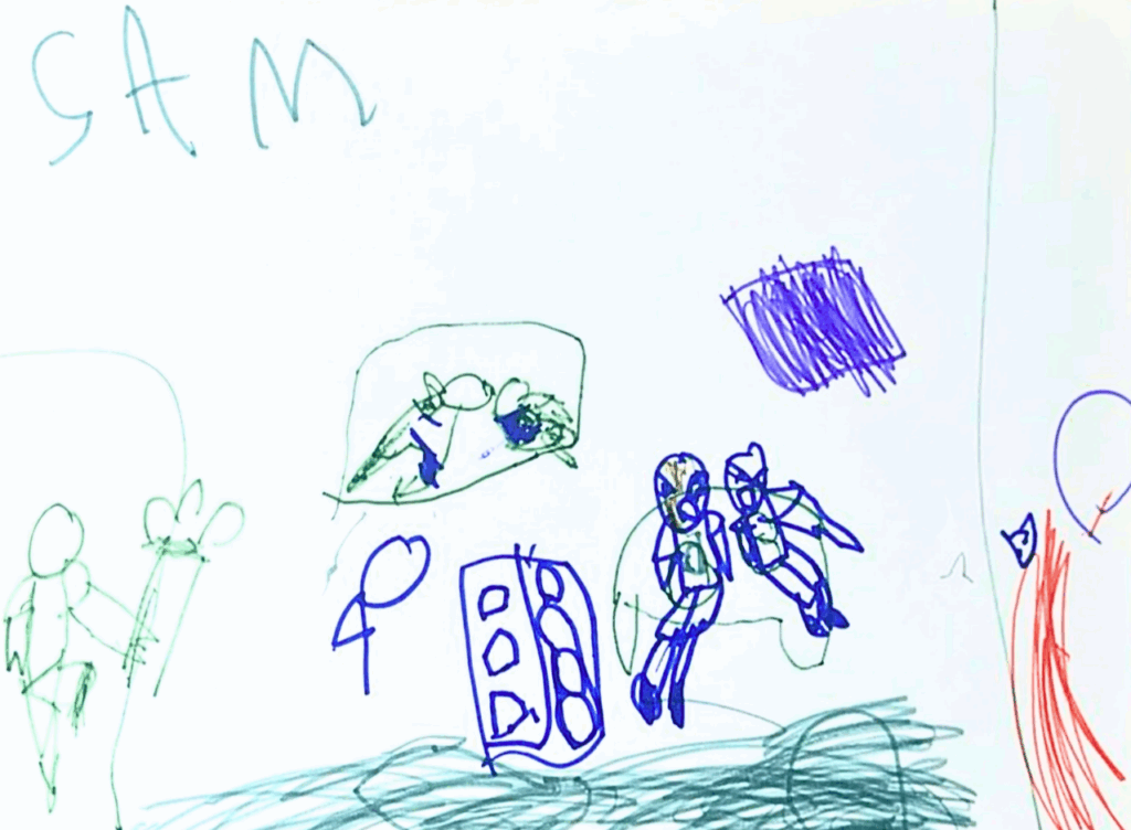 Sam: Entre risadas com o irmão, prefere os jogos no celular. No papel, colocou o que vive todos os dias. A brincadeira que cabe na palma da mão, assistindo a vídeos no celular porque, do lado de fora, faltam espaços para sair e brincar.