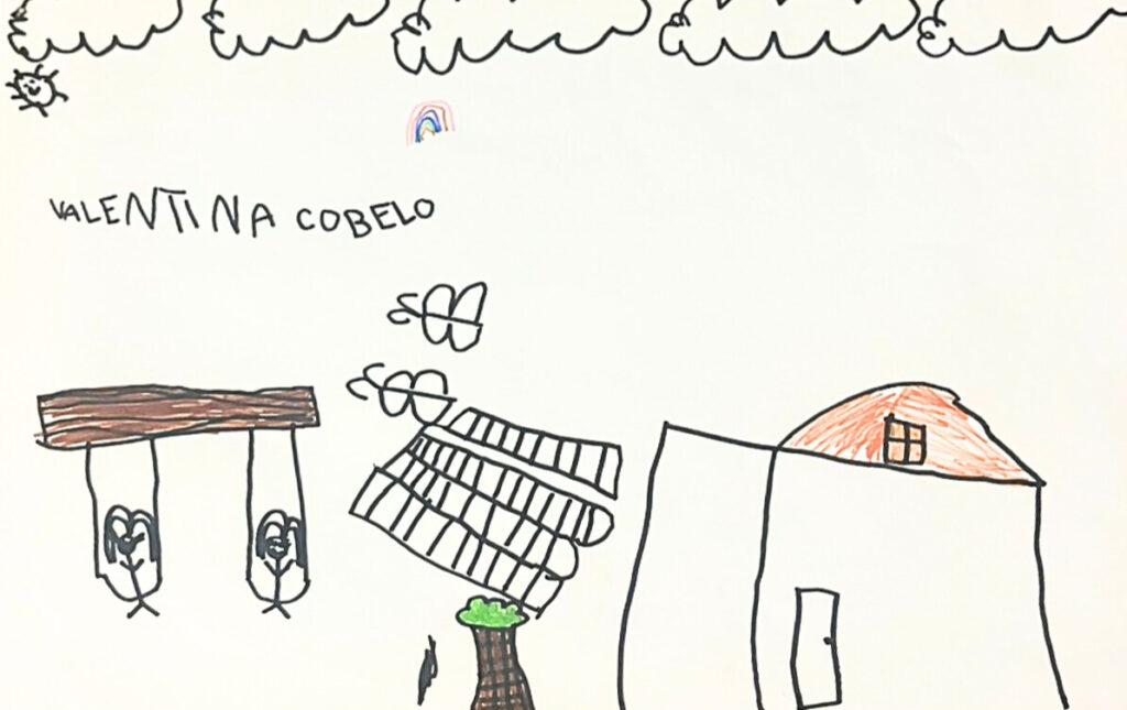 Valentina: Entre família e as amigas do CEI, encontra suas brincadeiras favoritas. No desenho, pediu mais vida ao bairro: mais animais, mais borboletas, mais asas ao redor da infância.